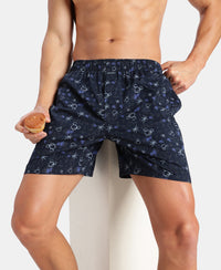 Disney Mickey Mouse Super Combed Mercerized Cotton Woven Printed Boxer Shorts with Side Pockets - Almond Milk & Navy (Pack of 2)