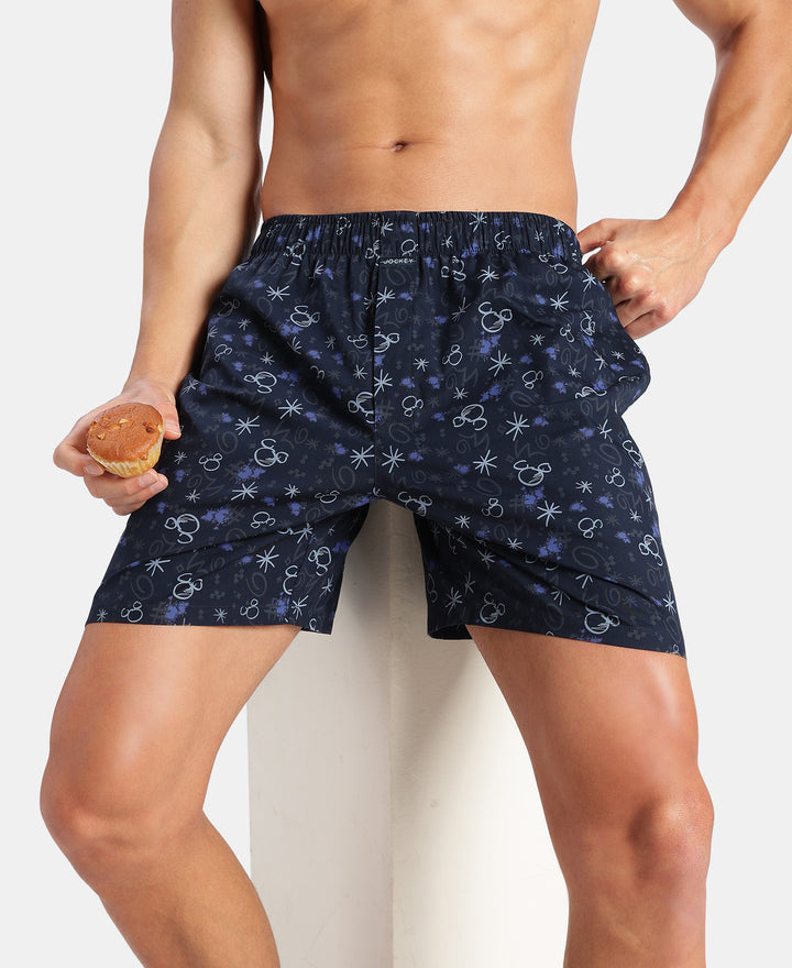 Disney Mickey Mouse Super Combed Mercerized Cotton Woven Printed Boxer Shorts with Side Pockets - Almond Milk & Navy (Pack of 2)