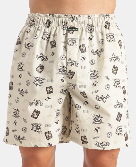 Disney Mickey Mouse Super Combed Mercerized Cotton Woven Printed Boxer Shorts with Side Pockets - Almond Milk & Navy (Pack of 2)