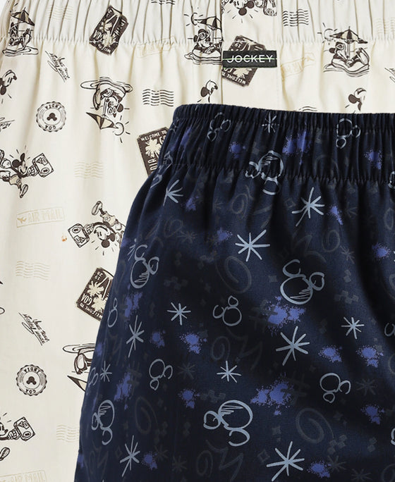 Disney Mickey Mouse Super Combed Mercerized Cotton Woven Printed Boxer Shorts with Side Pockets - Almond Milk & Navy (Pack of 2)