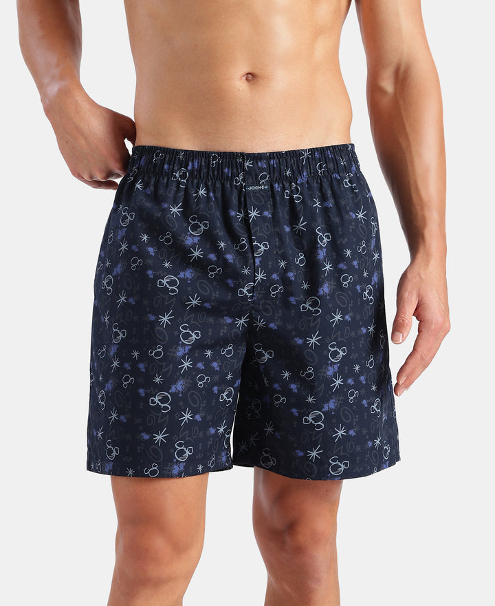 Disney Mickey Mouse Super Combed Mercerized Cotton Woven Printed Boxer Shorts with Side Pockets - Almond Milk & Navy (Pack of 2)