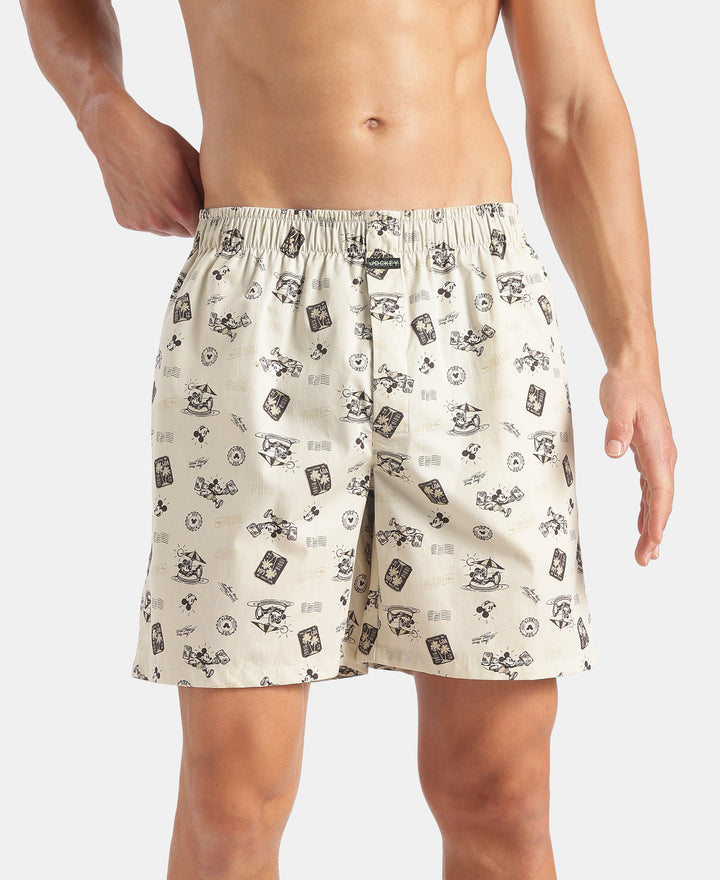 Disney Mickey Mouse Super Combed Mercerized Cotton Woven Printed Boxer Shorts with Side Pockets - Almond Milk & Navy (Pack of 2)