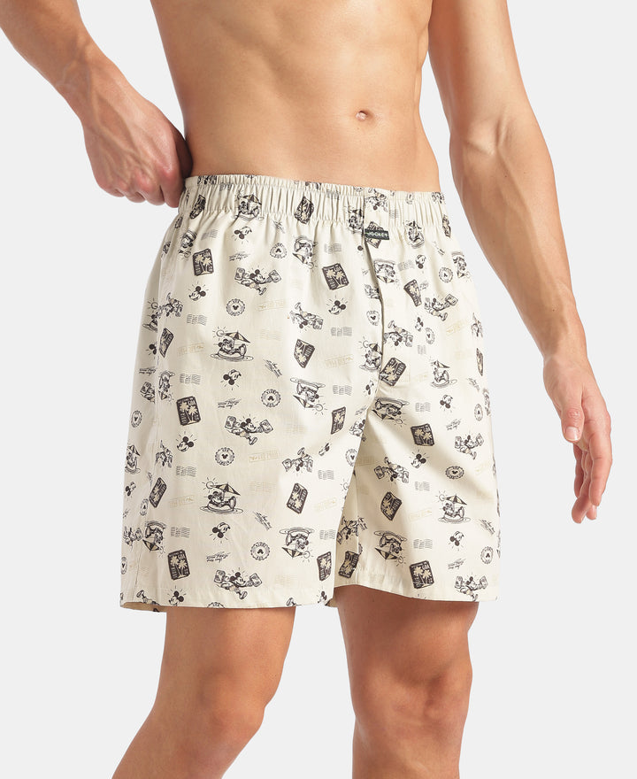 Disney Mickey Mouse Super Combed Mercerized Cotton Woven Printed Boxer Shorts with Side Pockets - Almond Milk & Navy (Pack of 2)