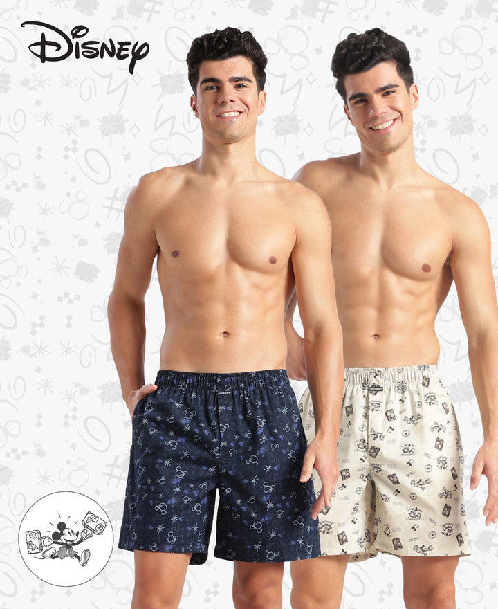 Disney Mickey Mouse Super Combed Mercerized Cotton Woven Printed Boxer Shorts with Side Pockets - Almond Milk & Navy (Pack of 2)