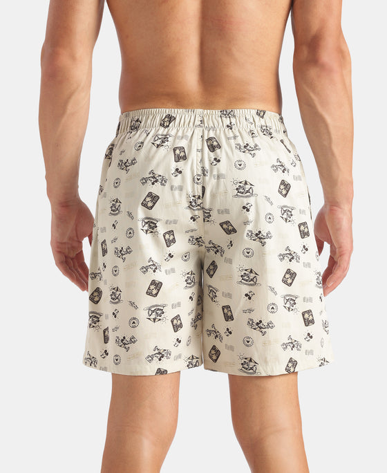 Disney Mickey Mouse Super Combed Mercerized Cotton Woven Printed Boxer Shorts with Side Pockets - Almond Milk & Navy (Pack of 2)
