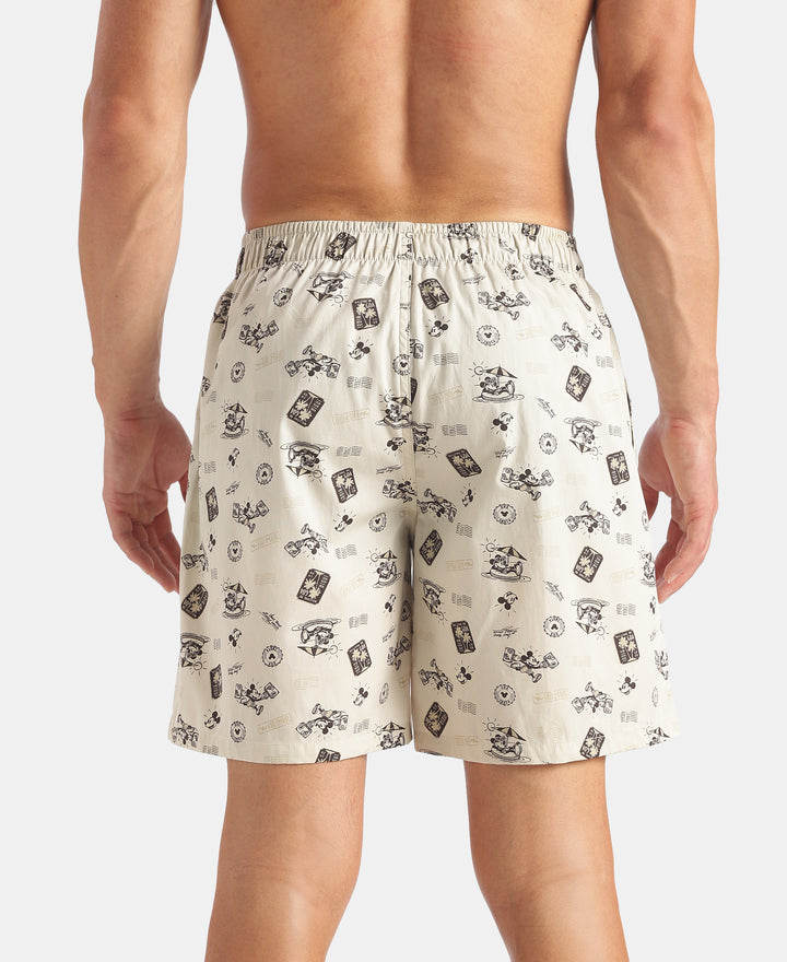 Disney Mickey Mouse Super Combed Mercerized Cotton Woven Printed Boxer Shorts with Side Pockets - Almond Milk & Navy (Pack of 2)