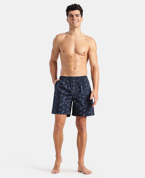 Disney Mickey Mouse Super Combed Mercerized Cotton Woven Printed Boxer Shorts with Side Pockets - Almond Milk & Navy (Pack of 2)