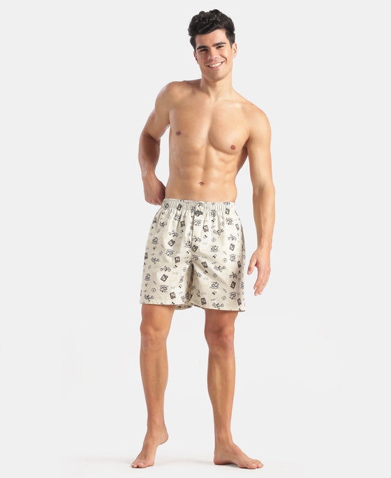 Disney Mickey Mouse Super Combed Mercerized Cotton Woven Printed Boxer Shorts with Side Pockets - Almond Milk & Navy (Pack of 2)