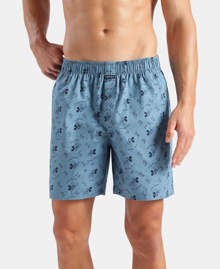 Disney Mickey Mouse Super Combed Mercerized Cotton Woven Printed Boxer Shorts with Side Pockets - Blue Heaven & Black (Pack of 2)