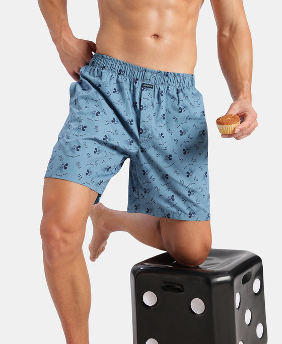 Disney Mickey Mouse Super Combed Mercerized Cotton Woven Printed Boxer Shorts with Side Pockets - Blue Heaven & Black (Pack of 2)