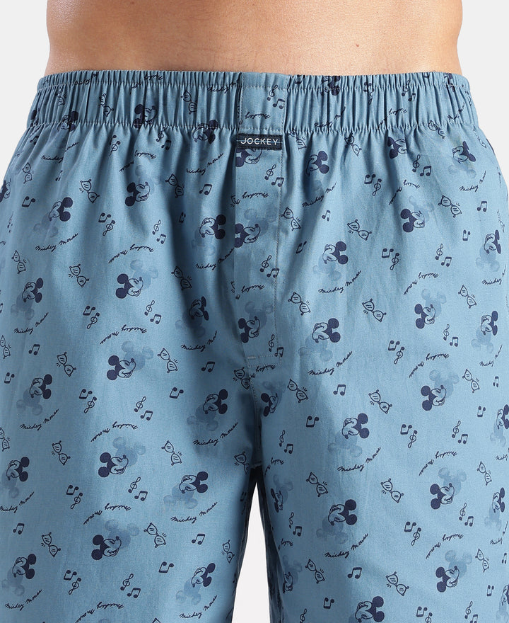 Disney Mickey Mouse Super Combed Mercerized Cotton Woven Printed Boxer Shorts with Side Pockets - Blue Heaven & Black (Pack of 2)