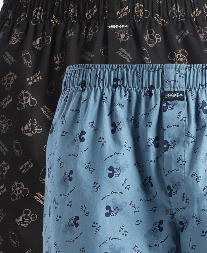Disney Mickey Mouse Super Combed Mercerized Cotton Woven Printed Boxer Shorts with Side Pockets - Blue Heaven & Black (Pack of 2)