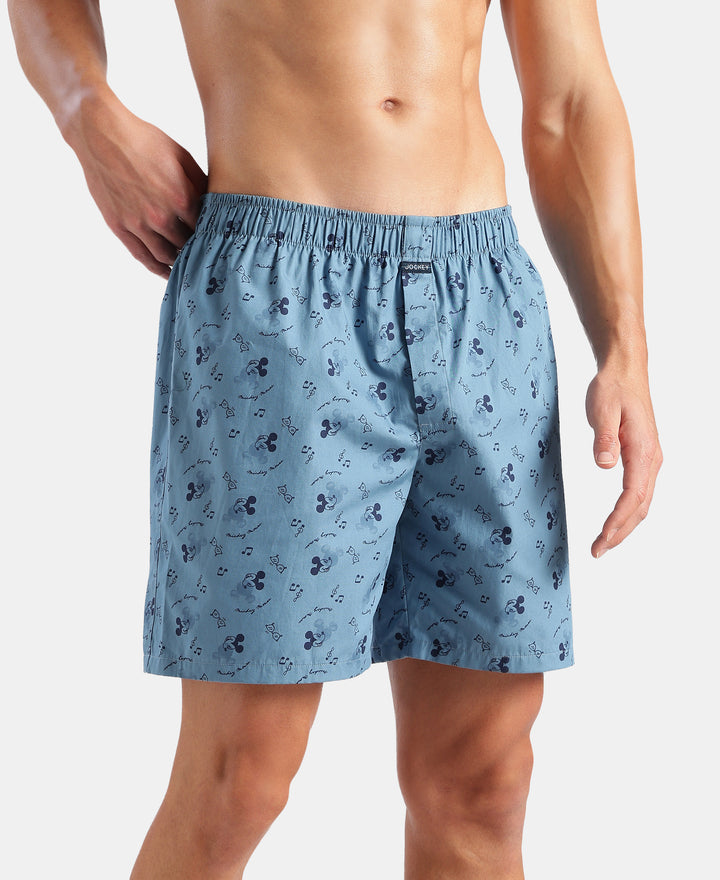 Disney Mickey Mouse Super Combed Mercerized Cotton Woven Printed Boxer Shorts with Side Pockets - Blue Heaven & Black (Pack of 2)