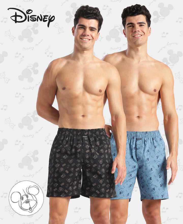 Disney Mickey Mouse Super Combed Mercerized Cotton Woven Printed Boxer Shorts with Side Pockets - Blue Heaven & Black (Pack of 2)