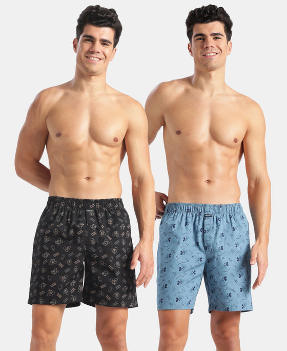 Disney Mickey Mouse Super Combed Mercerized Cotton Woven Printed Boxer Shorts with Side Pockets - Blue Heaven & Black (Pack of 2)