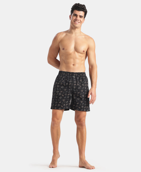Disney Mickey Mouse Super Combed Mercerized Cotton Woven Printed Boxer Shorts with Side Pockets - Blue Heaven & Black (Pack of 2)