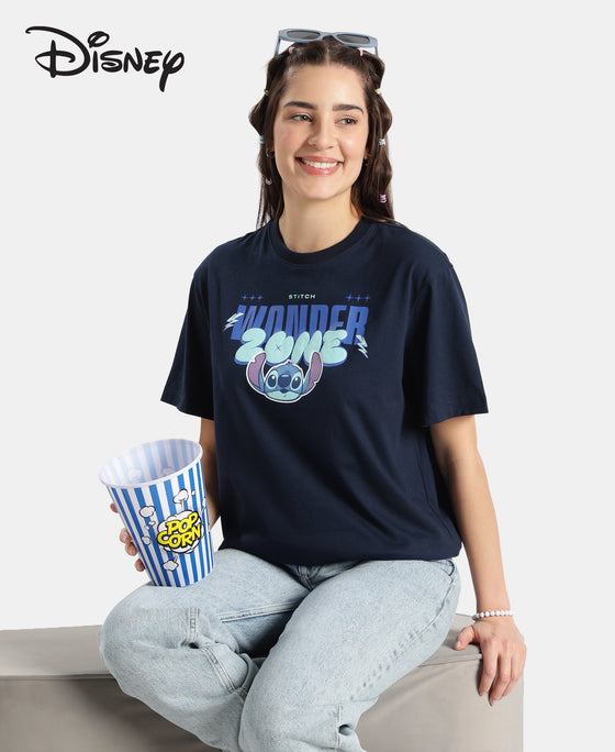 Disney Stitch Super Combed Cotton Rich Oversized Fit Printed T-Shirt - Navy