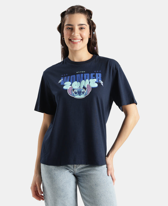 Disney Stitch Super Combed Cotton Rich Oversized Fit Printed T-Shirt - Navy