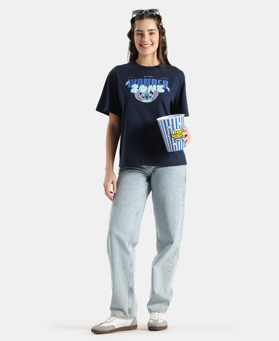 Disney Stitch Super Combed Cotton Rich Oversized Fit Printed T-Shirt - Navy