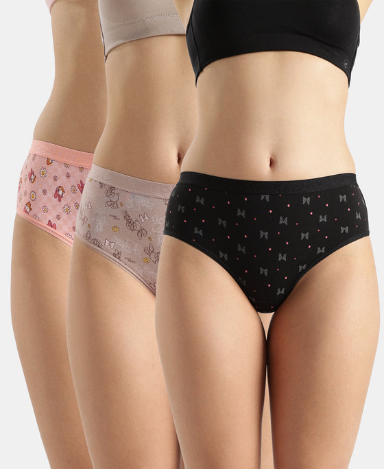 Disney Mickey & Friends High Coverage Super Combed Cotton Elastane Stretch Mid Waist Hipster - Candlelight Peach, Mocha & Black (Pack of 3)