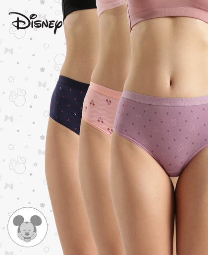 Disney Mickey & Friends High Coverage Super Combed Cotton Elastane Stretch Mid Waist Hipster - Valerian, Candlelight Peach & Classic Navy (Pack of 3)