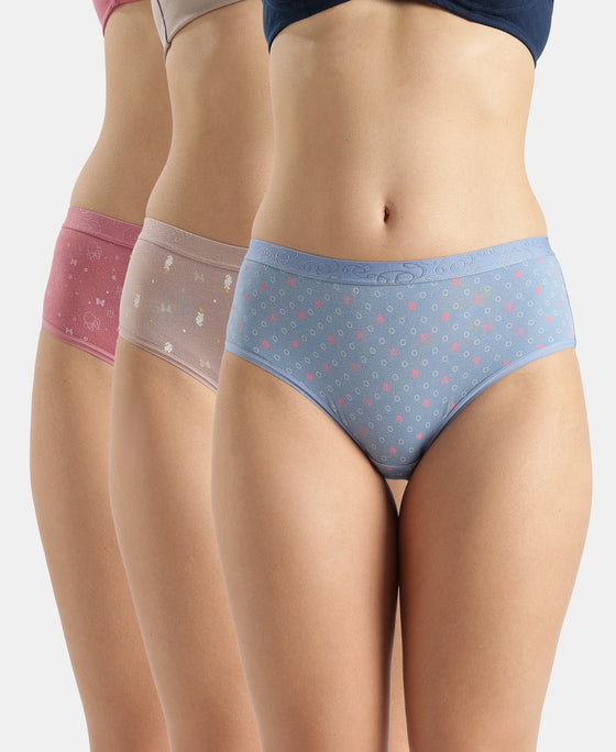 Disney Mickey & Friends High Coverage Super Combed Cotton Elastane Stretch Mid Waist Hipster - Mocha, High Rose & Ashleigh Blue (Pack of 3)