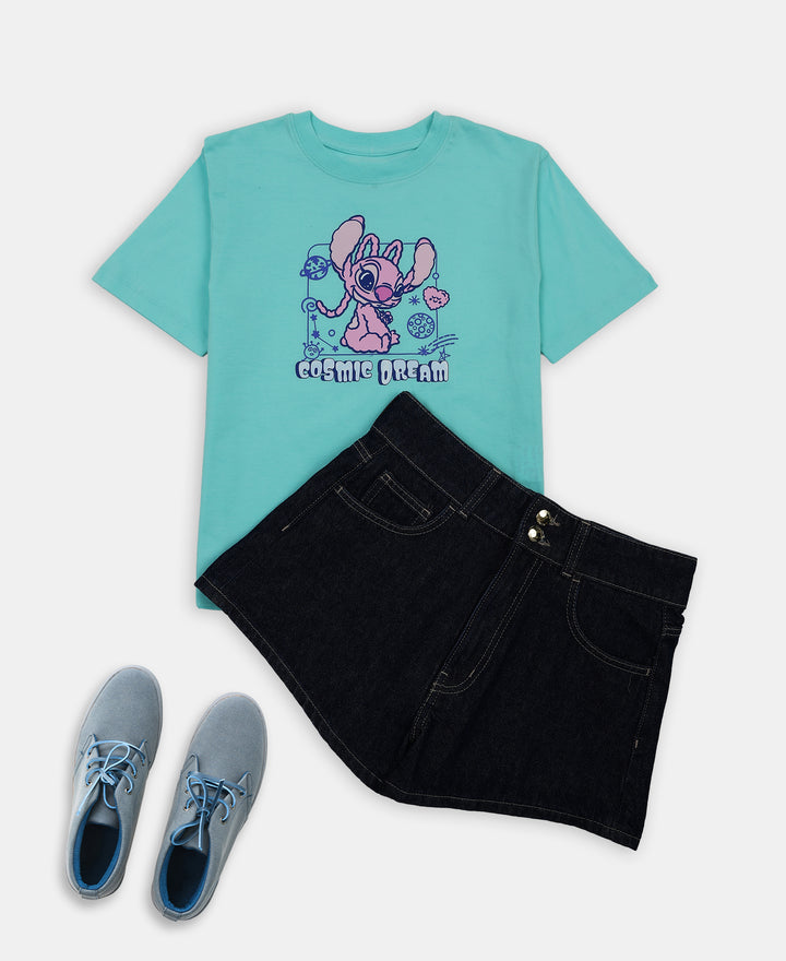 Disney Girl's Super Combed Cotton Graphic Printed T-Shirt - Aruba Blue