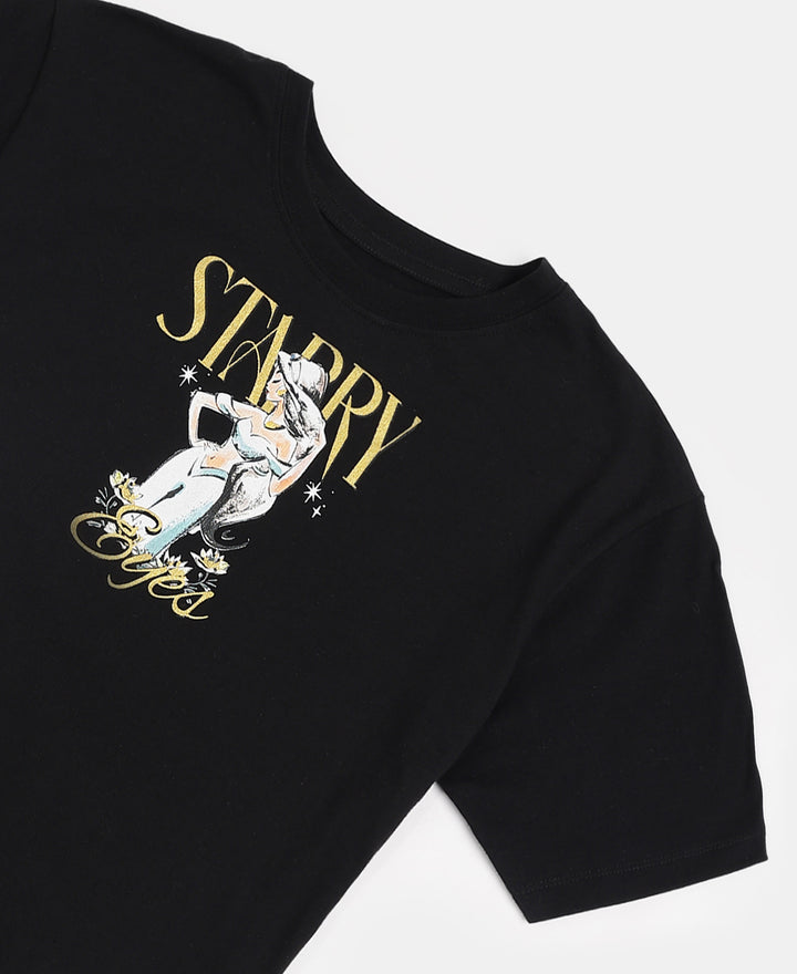 Disney Princess Collection Girl's Super Combed Cotton Short Sleeve TShirt and Pyjama Set - Black