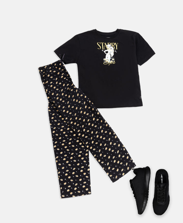 Disney Princess Collection Girl's Super Combed Cotton Short Sleeve TShirt and Pyjama Set - Black