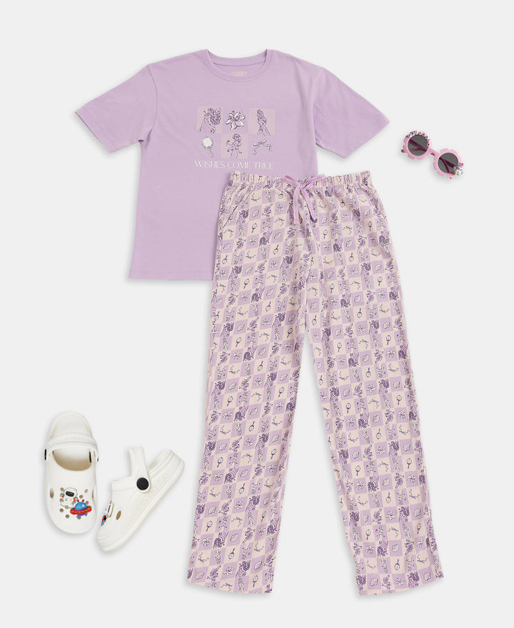 Disney Princess Collection Girl's Super Combed Cotton Short Sleeve T-Shirt and Pyjama Set - Lavendula