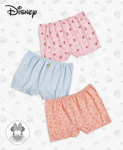 Disney Minnie Mouse Super Combed Cotton Printed Bloomers with Concealed Waistband - Mellow Rose, Skyway & Fairy Tale (Pack of 3)