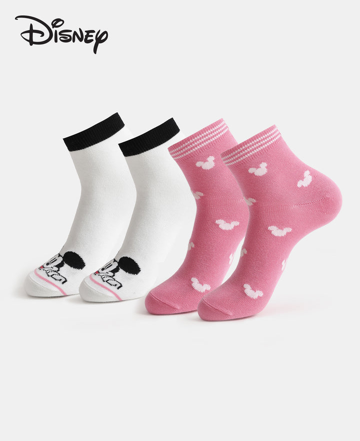 Disney Mickey & Minnie Mouse Compact Cotton Stretch Ankle Length Socks with StayFresh Treatment - White & Aurora Pink (Pack of 2)
