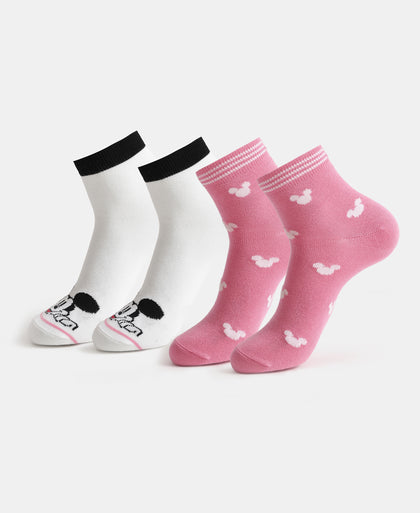 Disney Mickey & Minnie Mouse Compact Cotton Terry Ankle Length Socks with StayFresh Treatment - White & Aurora Pink (Pack of 2)