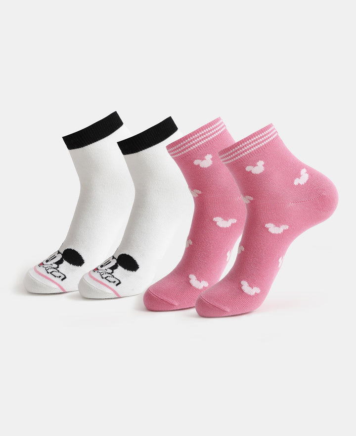 Disney Mickey & Minnie Mouse Compact Cotton Terry Ankle Length Socks with StayFresh Treatment - White & Aurora Pink (Pack of 2)