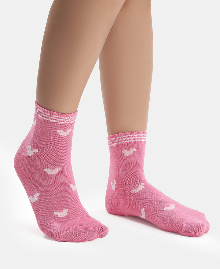 Disney Mickey & Minnie Mouse Compact Cotton Terry Ankle Length Socks with StayFresh Treatment - White & Aurora Pink (Pack of 2)