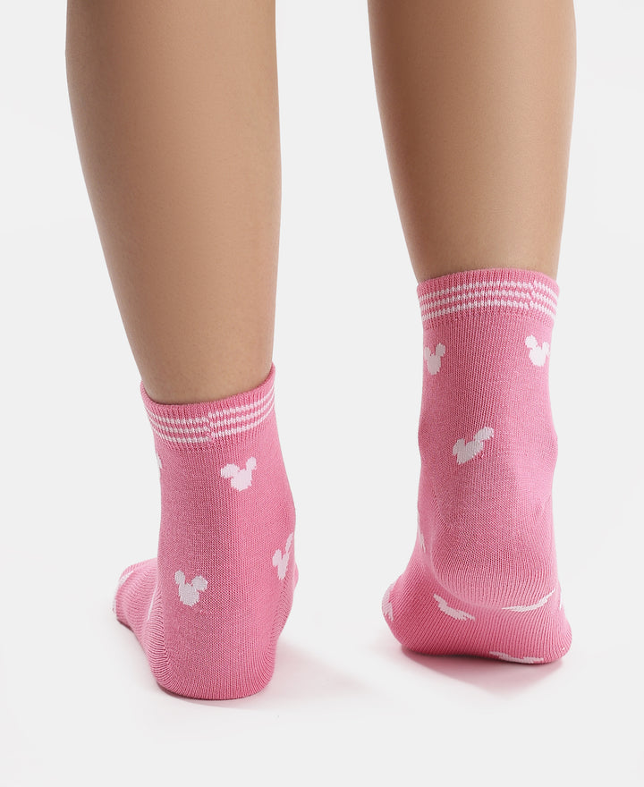 Disney Mickey & Minnie Mouse Compact Cotton Terry Ankle Length Socks with StayFresh Treatment - White & Aurora Pink (Pack of 2)