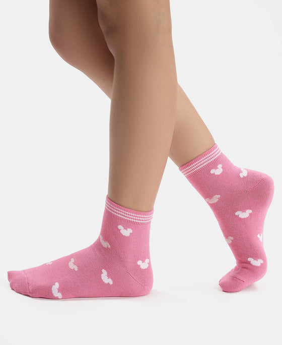 Disney Mickey & Minnie Mouse Compact Cotton Terry Ankle Length Socks with StayFresh Treatment - White & Aurora Pink (Pack of 2)
