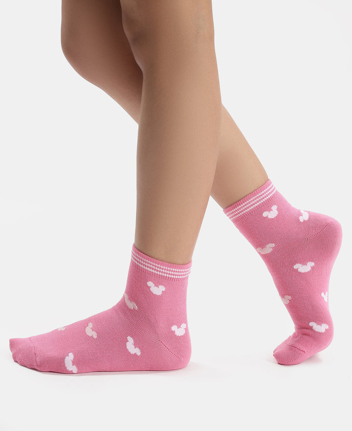 Disney Mickey & Minnie Mouse Compact Cotton Terry Ankle Length Socks with StayFresh Treatment - White & Aurora Pink (Pack of 2)