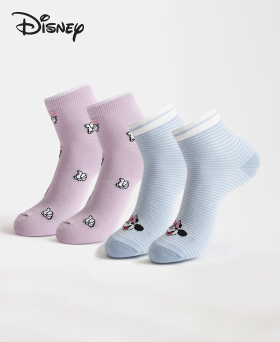 Disney Mickey & Minnie Mouse Compact Cotton Stretch Ankle Length Socks with StayFresh Treatment - Orchid Bloom & Chambray Blue (Pack of 2)