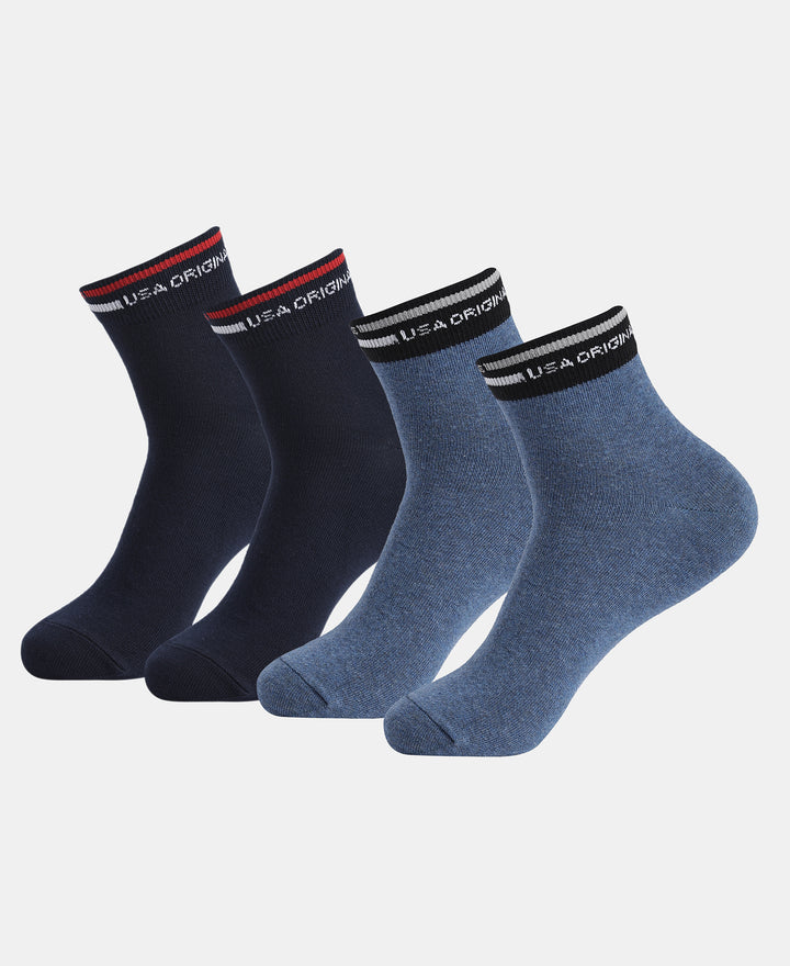 Compact Cotton Elastane Stretch Ankle Length Socks with StayFresh Treatment - Denim Melange & Navy (Pack of 2)