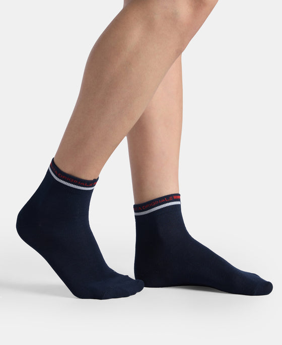 Compact Cotton Elastane Stretch Ankle Length Socks with StayFresh Treatment - Denim Melange & Navy (Pack of 2)
