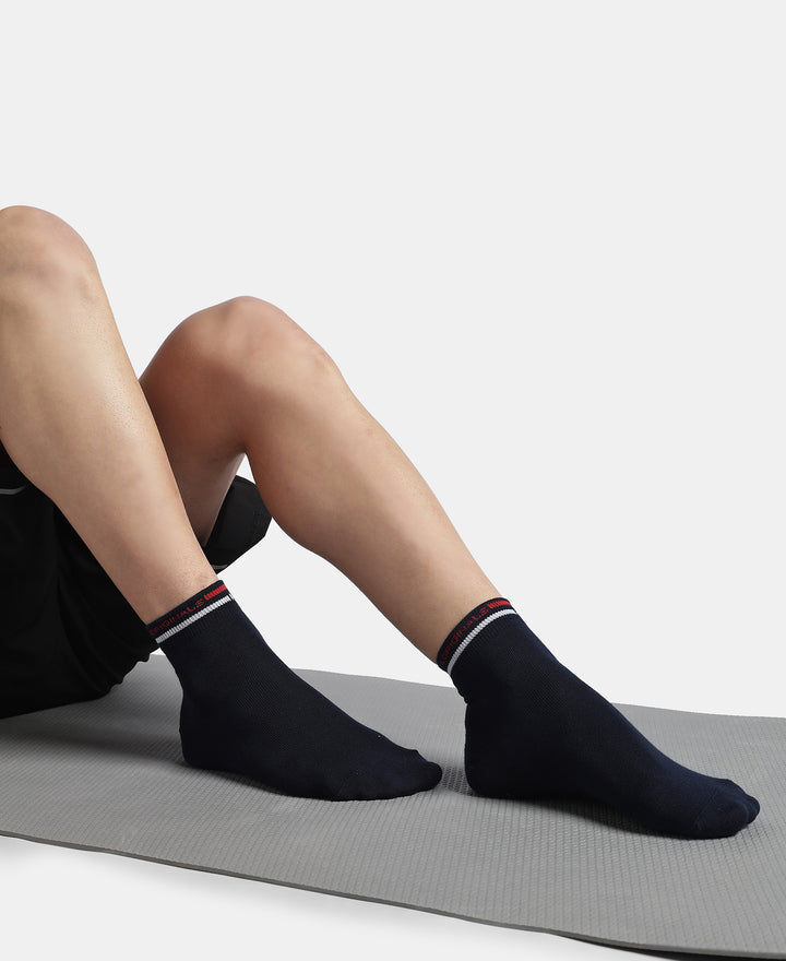 Compact Cotton Elastane Stretch Ankle Length Socks with StayFresh Treatment - Denim Melange & Navy (Pack of 2)