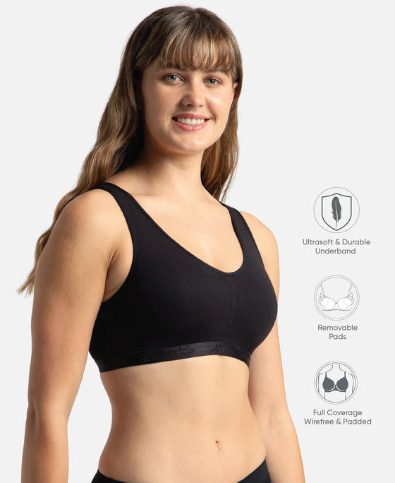 Wirefree Padded Super Combed Cotton Elastane Stretch Full Coverage Lounge and Sleep Bra with Removable Pads - Black