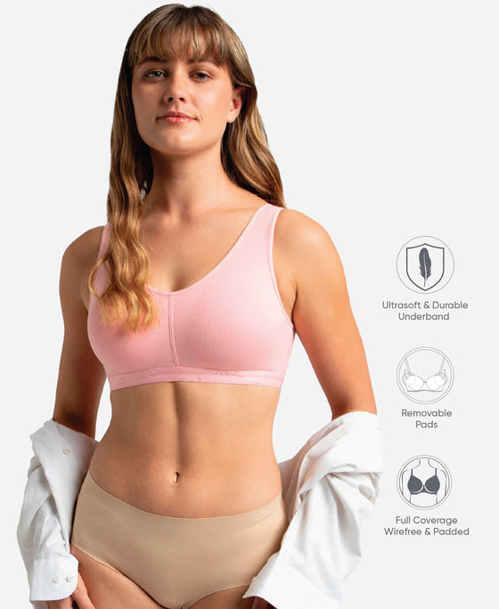Wirefree Padded Super Combed Cotton Elastane Stretch Full Coverage Lounge and Sleep Bra with Removable Pads - Candy Pink
