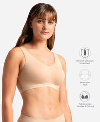 Wirefree Padded Super Combed Cotton Elastane Stretch Full Coverage Lounge and Sleep Bra with Removable Pads - Skin