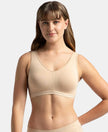 Wirefree Padded Super Combed Cotton Elastane Stretch Full Coverage Lounge and Sleep Bra with Removable Pads - Skin