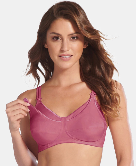 Wirefree Non Padded Super Combed Cotton Elastane Stretch Full Coverage Nursing Bra with Front Clasp Opening - Rose Wine