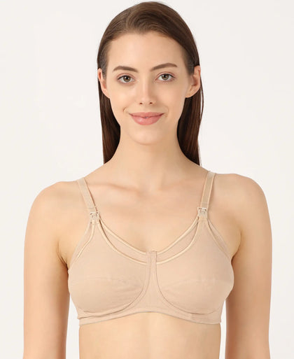 Wirefree Non Padded Super Combed Cotton Elastane Stretch Full Coverage Nursing Bra with Front Clasp Opening - Skin