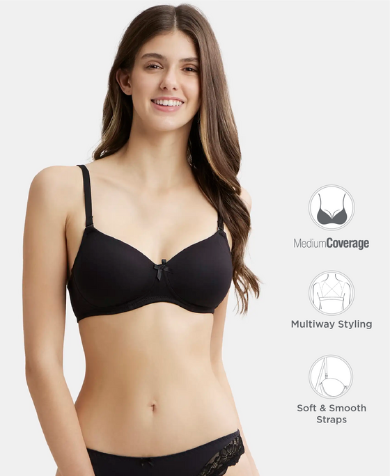 Wirefree Padded Super Combed Cotton Elastane Stretch Medium Coverage T-Shirt Bra with Detachable Straps - Black