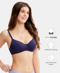 Wirefree Padded Super Combed Cotton Elastane Stretch Medium Coverage T-Shirt Bra with Detachable Straps - Classic Navy